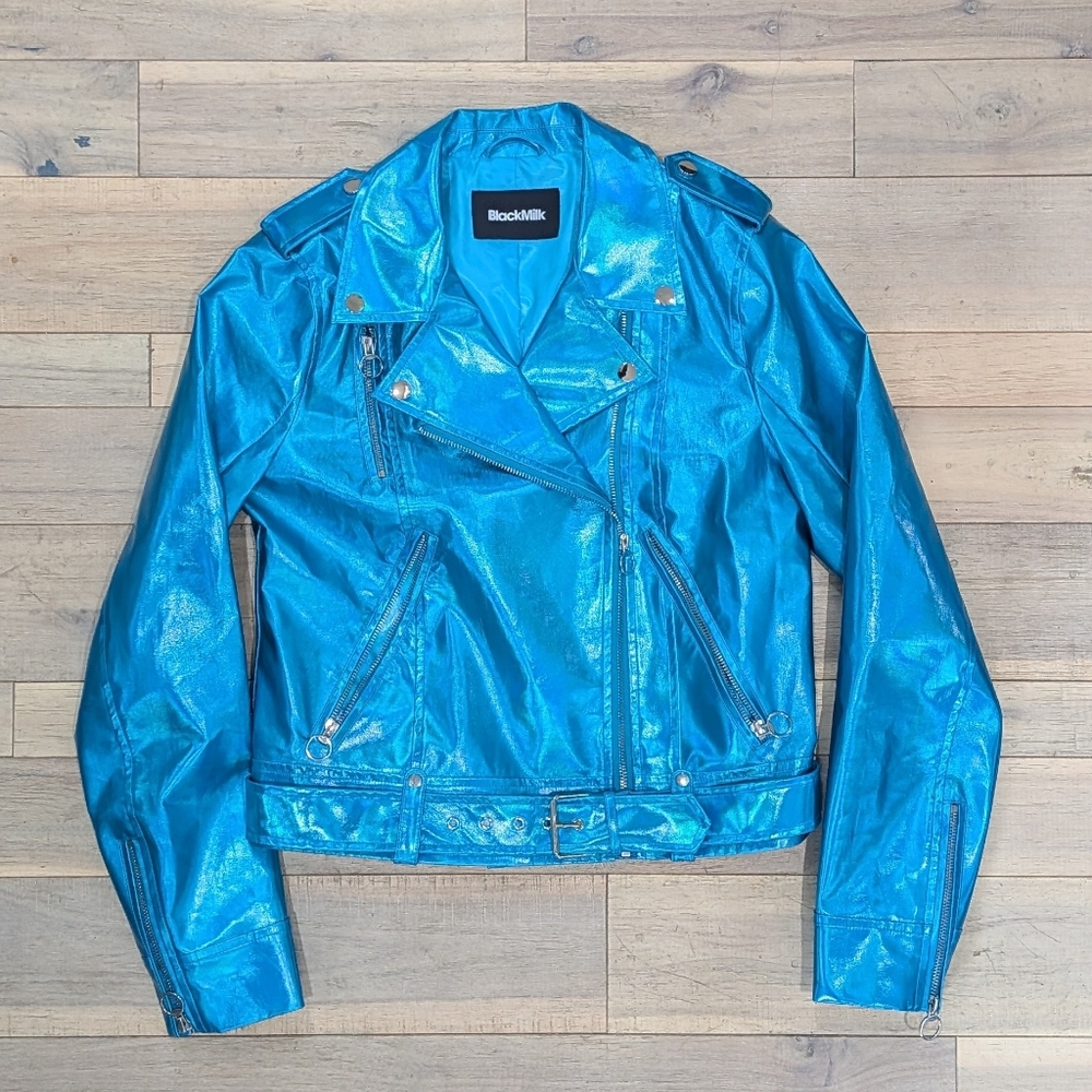 BlackMilk Iridescent Turquoise Moto Jacket Size 10